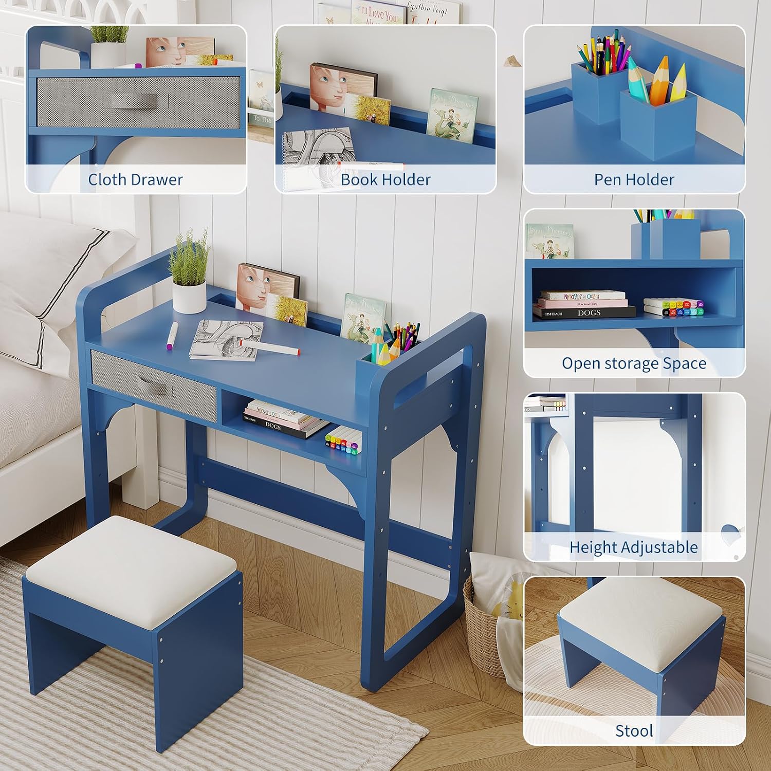 Blue Wooden Kids Desk And Chair Set