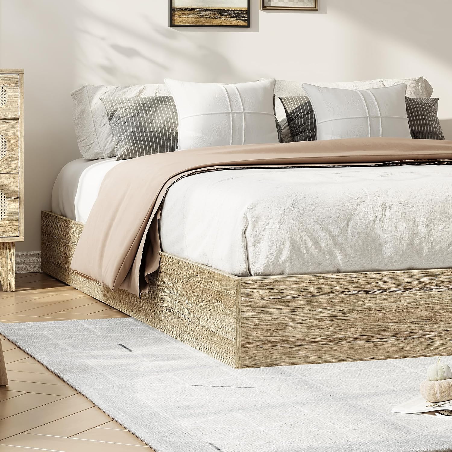 Oak Twin XL Low Profile Wood Platform Bed Frame