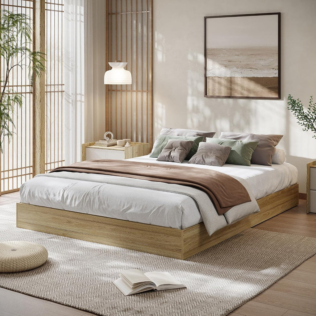 Oak Twin XL Low Profile Wood Platform Bed Frame