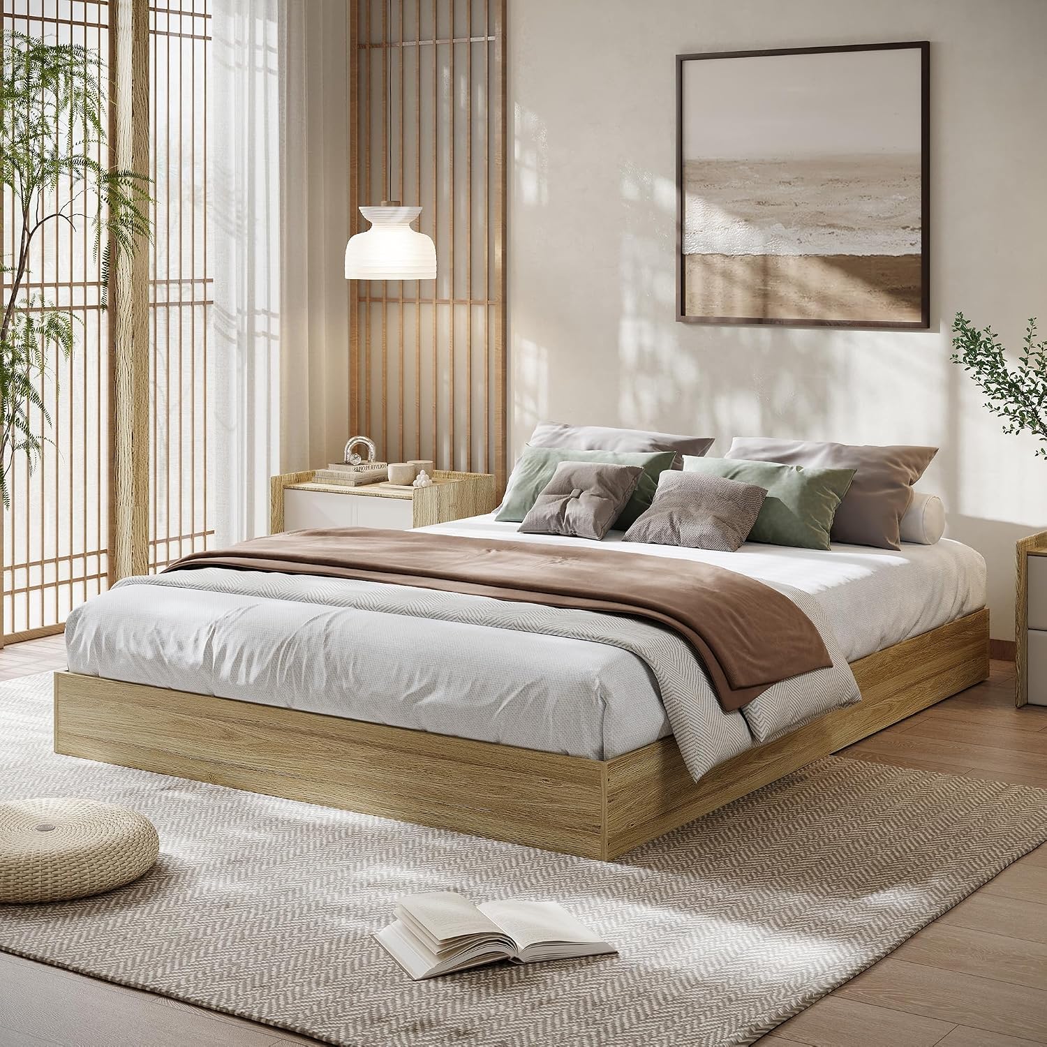 Oak Twin XL Low Profile Wood Platform Bed Frame